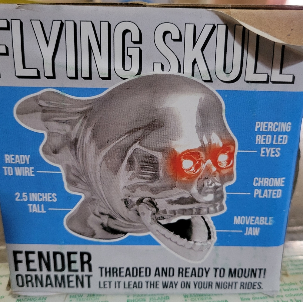 Chromed Flying Skull Fender Ornament For Mortcycles / Rat Rods UNIVERSAL FIT NIB